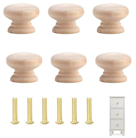 GMHLLES Wooden Drawer Knobs, 6 Pcs Round Mushroom Handles with Screws Natural Solid Wood Cupboard Knobs for Kitchen Office Furniture (35mm)