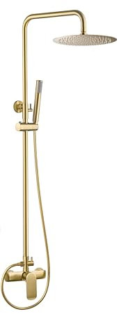 VALAZ Columna Ducha Monomando Oro Mate | Mezclador Agua Fría y Caliente, Ahorro de Agua | Instalación Fácil y Rápida | Inoxidable, Rociador Ovalado, Longitud 80-120 cm, Rociador 20 cm, Serie Turia