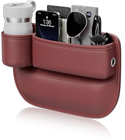 Convitex Leather Car Organizer Front Seat Gap Filler, 2 in 1 All Purpose Auto Console Side Storage Box with Cup Holder, Car Interior Accessories for Storing Key, Phone, Coin, Card and Pen