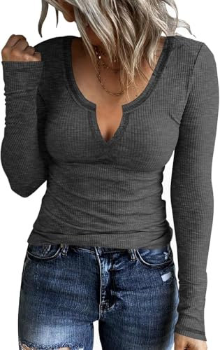 TrendiMax Womens Long Sleeve Notch V Neck T Shirts Ribbed Fleece Knit Casual Slim Fitted Tops Tee Shirt Dark Gray