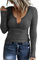 TrendiMax Womens Long Sleeve Notch V Neck T Shirts Ribbed Fleece Knit Casual Slim Fitted Tops Tee Shirt Dark Gray
