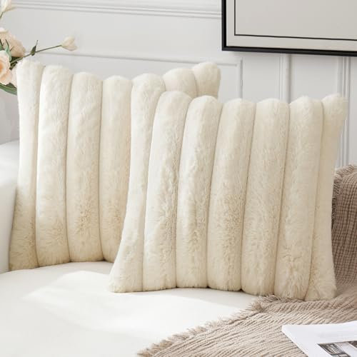 MIULEE 2er Set Plüsch Kissenbezüge Kunstpelz Dekorative Kissenhüllen Modern Sofakissen Boho Couchkissen für Wohnzimmer Sofa Schlafzimmer 40x40 Cremeweiß
