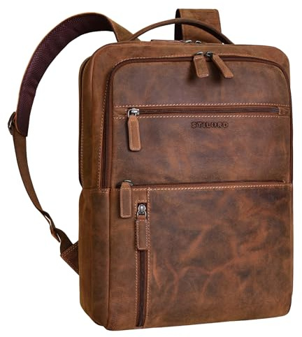 STILORD 'Brad' Leder Laptoprucksack 15,6 Zoll Vintage Business Rucksack Herren Damen Lederrucksack Groß für Arbeit Büro Reisen Hochwertiger Moderner Daypack Echtleder, Farbe:bergamo - braun