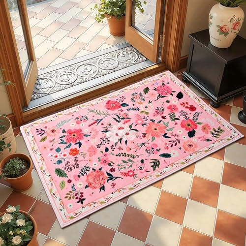 Macgace 2x3 Pink Floral Rug for Entryway, Flowers Printed Washable Small Rugs with Non Slip Backing for Girls Bedroom Kitchen, Cute Throw Carpet Front Door Entry Decor