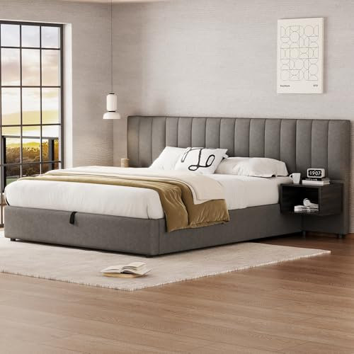 Polsterbett 160x200 cm,hydraulisches Breitohrbett mit zwei Nachttischen mit Stauraum,geeignet für Erwachsene und Jugendliche,Lattenrost aus Holz,einfache Montage,Leinen,Grau + Schwarz (160x200 cm)