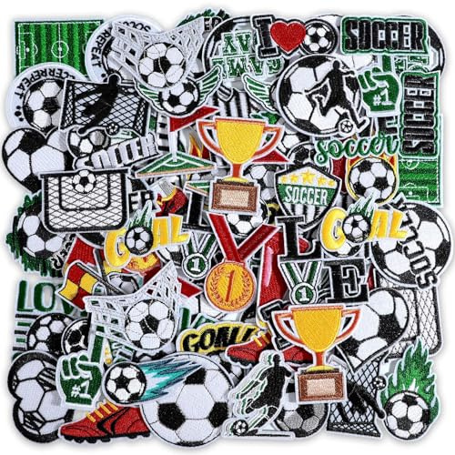HunnmingRe 72 Pcs Iron on Patches, Embroidered Appliques Patches Iron on Hat Patches Bulk for Hat Cap Clothes Cute Repair Patches Kit Sew on DIY Accessory for Backpack Pants Jeans (Soccer)