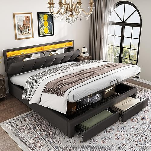 LAKFEW Polsterbett 180x200 cm mit LED-Beleuchtung, Doppelbett mit Stauraum und 2 Schubladen, Erwachsenenbett mit Hydraulischem Stauraum, Bettgestell Bett mit Lattenrost, Ohne Matratze, Grau, Leinen