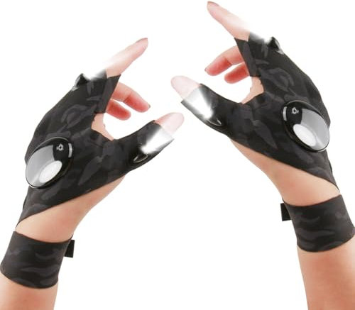 Raykce Gloves with Lights, LED Fishing Gloves for Men, High Brightness - Power Saving Dual LED Lamp Beads Two Finger Gloves, Flashlight Gloves Gift for Fishing Camping Valentines Fathers Day