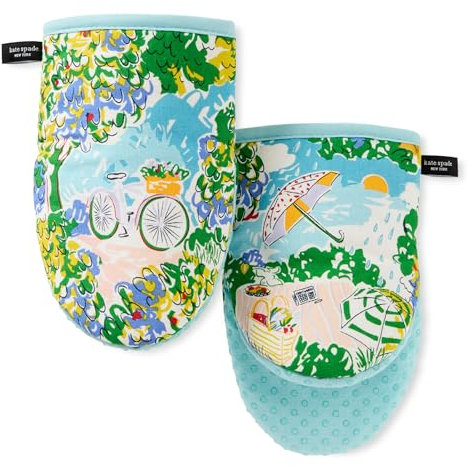 Kate Spade New York Spring Garden Mini Oven Mitt 2-Pack Set, Heat Resistant, 100% Cotton with Printed Non-Slip Silicone Grip, Blue/Green/Beige, 5.5X8