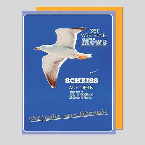 Michel Verlag Witzige Geburtstagskarte MÖWE blau mit lustigem Spruch für modernen, humorvollen Geburtstagsgruß, Happy Birthday Küste Himmel, Format 12x17cm, inkl. Umschlag, Made in Germany!