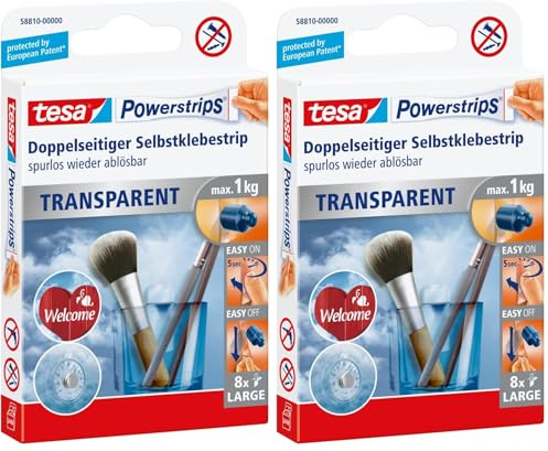 tesa Powerstrips transparent Deko - doppelseitige Klebestreifen für leichte Dekorationen, bis zu 1kg Haltekraft - selbstklebend 1kg 8 Powerstrips (Packung mit 2)