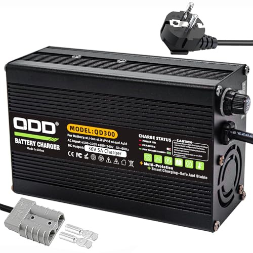QDD Chargeur de batterie au plomb 36 V 36 V 5 A avec sortie CC 50 A Connecteur Anderson pour batterie plomb-acide AGM gel VRLA OPZV 36 V 36 V Chargeur intelligent