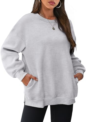 WIHOLL Oversized Sweatshirts Women Long Sleeve Tops Ladies Cotton Shirt with Pocket Crewneck Clothes Grey M