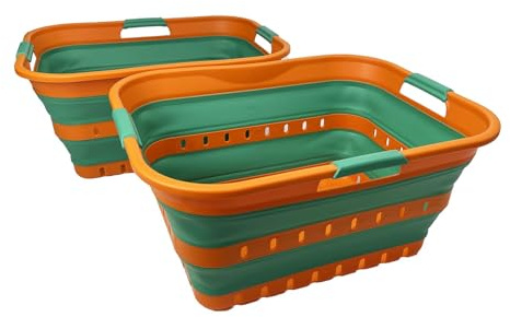 SAMMART 2er-Set 42L faltbarer Aufbewahrungskörbe/-behälter aus Kunststoff – zusammenklappbarer, platzsparender und tragbarer Wäschekorb, ideal für Zuhause, auf Reisen (2, Autumn Leaf/Forest Green)