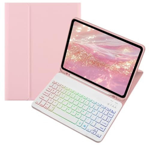 kaidisen Colorful Backlit keyboard Case for iPad A16 2025 (11th Gen,11), iPad 10th Generation 10.9 2022 Case with Detachable Bluetooth RGB Backlight Keyboard Cute Candy Color,Pink+White