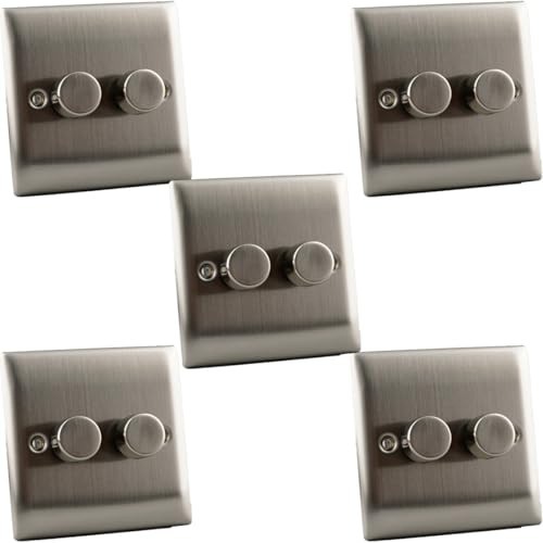 2-Gang Trailing Edge LED Dimmer Switch – Brushed Chrome Slim Edge – 2-100W LED / 10-250W Halogen – Rotary or Push On/Off – Stainless Steel Wall Plate – Modern Flat Design (Pack of 5)