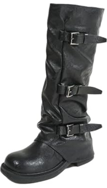 Stivali da Donna con Zip Laterale, Tacco Chunky, Altezza Media al Polpaccio, in Pelle Effetto Consumato, Stile Motociclista per Serate in Discoteca, Viaggi e Outfit da Festival