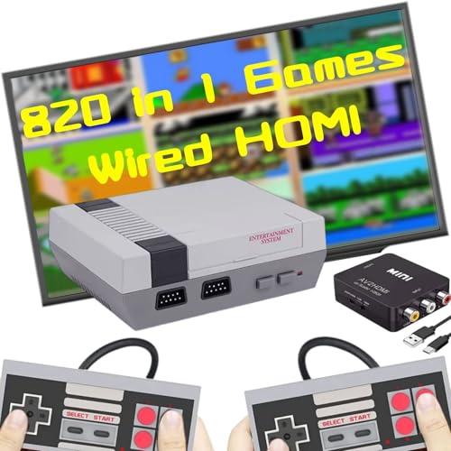 MIAFAEWEL Retro Gaming Console, Video Game Console Built-in 820 Games System, AV and HDMI Output Video Gaming Consoles with Dual Wired Controllers. (Grayish)