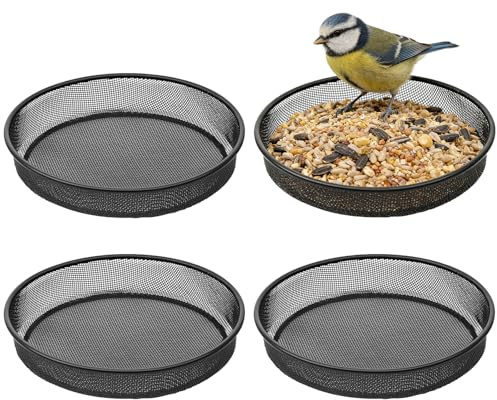 4 Pcs Bird Feeding Dish Set, Metal Mesh Parrot Food Bowls Iron Wild Birds Seed Feeder Tray, Wildlife Floor Feeding Tray Station for Birds, Outdoor (Black)