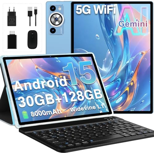 Tablet Android 15 Gemini AI, 30GB RAM+128GB ROM/2TB Tablet 10 Pollici, 8000mAh, 5G WiFi, Corpo Metallico, Unisoc Octa Core/5+8MP/Widevine L1/Face ID/BT5.0/GPS Tablets con Tastiera e Mouse - Blu