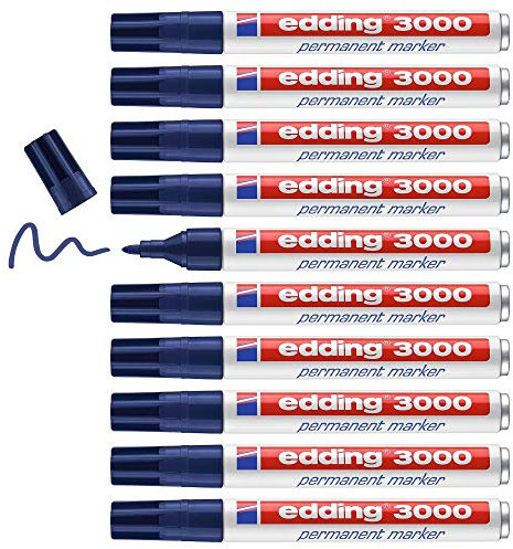 edding 3000 Permanentmarker - stahl-blau - 10 Stifte - Rund-Spitze 1,5-3 mm - schnell trocknender Permanent Marker - wasserfest, wischfest - für Karton, Kunststoff, Holz, Metall - Universalmarker