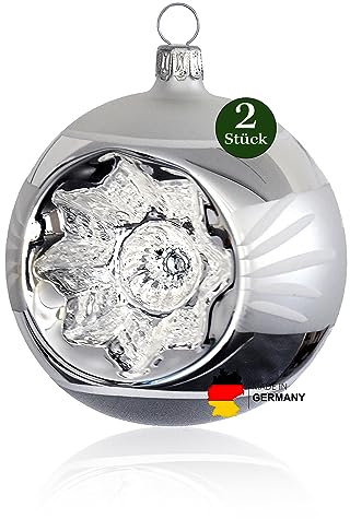 Thüringer Weihnacht 52-075 Christbaumkugel mit Reflex, 8 cm, Nostalgie-Stil Silber/weiß, 2 Stück