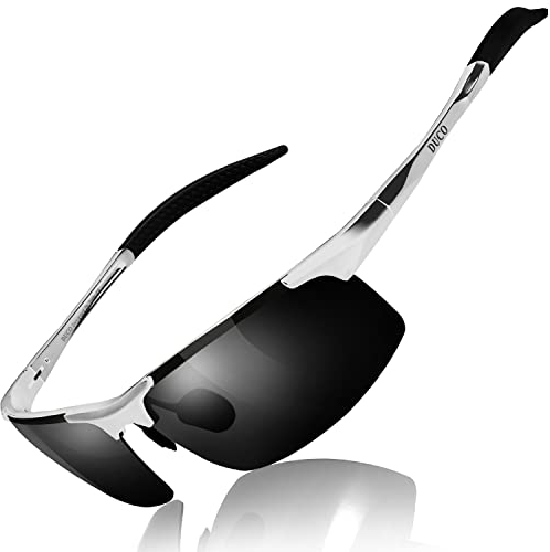DUCO Herren Sportbrille Polarisierte Sonnenbrille Fahrerbrille Ultraleichte Al-Mg Metallrahmen UV400-Schutz Männer Sonnenbrillen 8177S (Silber, Grau)