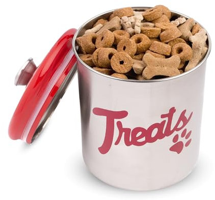 The PetSteel,Edelstahl-Leckerli-Behälter mit rotem Deckel,passend für bis zu 900 kg Leckerlis,tolle Möglichkeit, das Futter Ihres Hundes oder Ihrer Katze zu präsentieren und aufzubewahren.