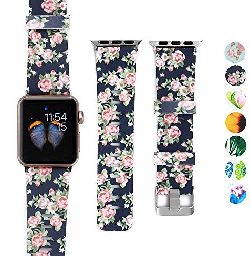DEALELE Strap Compatible with iWatch 38mm 42mm 40mm 44mm, Printed Pattern Silicone Strap Replacement for Apple Watch Series 6/5 / 4/3 Women Men, Rose Navy, 42/44mm