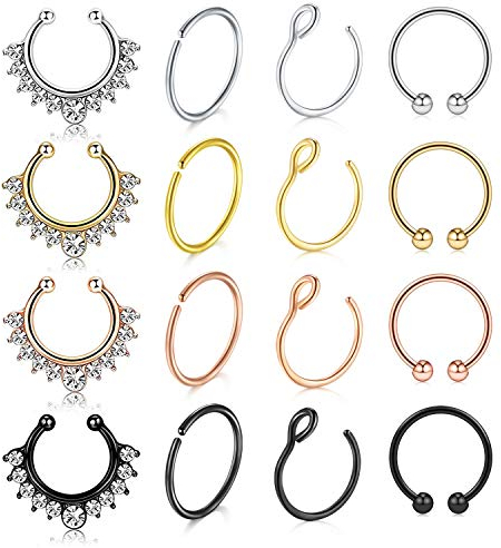 Incaton 16 Stück Septum Fake Nose Ring - Edelstahl Nasenpiercing Schmuck für Nase, Lippen und Ohr
