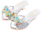 Monissy Frozen Principessa Elsa Mules Tacco Alto Pantofola Bocca di Pesce Paillettes Due Fiocchi di Pelle Elsa Distintivo Distintivo Perline Colorate con Intarsio di Cristallo Scarpe，Argento,30