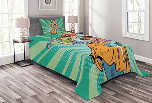 ABAKUHAUS Ruf Mama Tagesdecke Set, Haus Chor Kinder Pop-Art, Set mit Kissenbezügen Kein verblassen, für Einzelbetten 170 x 220 cm, Mehrfarbig