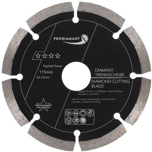 PRODIAMANT Disco da taglio diamantato 115 mm x 22,2 mm abrasivo per asfalto, massetto, calcestruzzo leggero, calcestruzzo fresco, arenaria e argilla refrattaria