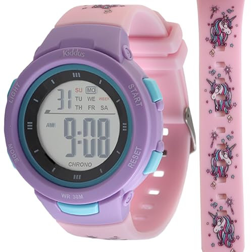 Kiddus Digitaluhr für Mädchen und Jungen von 5 bis 12 Jahren. Mit Stoppuhr, Kalender, Wecker und Licht. Wasserdicht. Beleuchtete LED Sportarmbanduhr für Kinder. EINHÖRNER