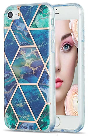 Draamvol iPhone SE 2022 Hülle iPhone 8 Hülle iPhone SE 2020 Hülle iPhone 7 Hülle IMD Marmor Silikon TPU Bumper Ultra Thin Slim Fit Anti-Scratch Back Cover für iPhone SE 2022 Handyhülle,Blau Grün