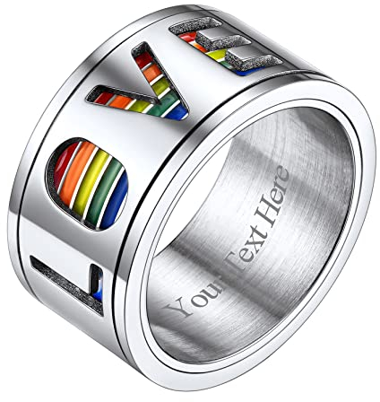 Richsteel Edelstahl Damenring Herrenring LGBT Fingerring mit bunten Herzen Rainbow Bandring Gay Pride Fingerring mit Gravur für Paar Pärchen