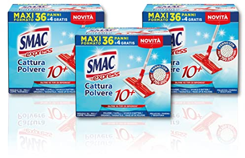 Smac Express - Panni Cattura Polvere 10+, Compatibili con Ogni Scopa, 120 Panni, Cattura Polvere, Sporco e Batteri, Adatti a Tutti i Pavimenti e Superfici, 40 Pezzi x 3 Confezioni