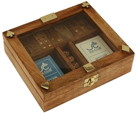 Sea-Club Karten/Würfel/Domino-Box Spiel Mango-Holz/Glas/Messing 20x18cm