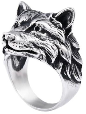 PikaLF Wolfsring für Männer, nordischer Wikinger-Wolfskopfring, Retro-Wolfstotemringe, Wolf-Siegelringe, Wolfsamulettring, Punk-Tier-Wolfsschmuck für Männer Jungen (20.6)