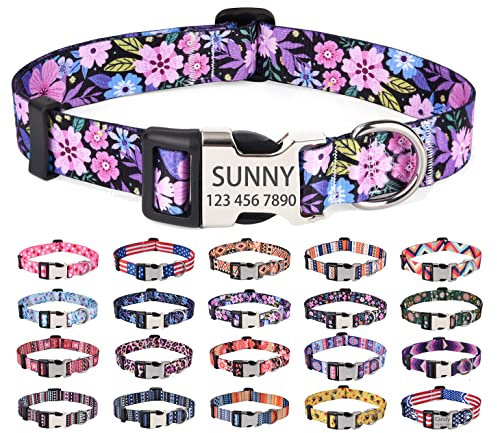 Mihqy Personnalisé Collier pour Chien, Nom et numéro de téléphone du Chien gravé au Laser, pour Petits, Moyens et Grands Chiens(Rose Fleuri,M)