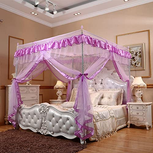 Usknxiu 4 Ecken Pfostenhimmel Bettvorhang Moskitonetz, 360 ° All-Inclusive Prinzessin Moskitonetze verdicken Faltbare atmungsaktive Betthimmel für Mädchen,Lila,1.2 * 2.0m