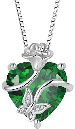 FJ Collier Papillon pour Femme Argent Sterling 925 Collier Émeraude Coeur Pendentif Pierre de Naissance Mai Collier Fleur Rose Bijoux pour Femme
