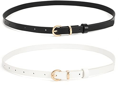WHIPPY 2er-Pack dünner Damen Ledergürtel schmaler Taillengürtel schmal Gürtel mit goldener Kreisschnalle für Kleid Hose Jeans,schwarz+weiß 100cm