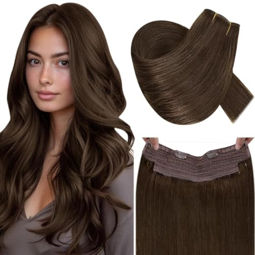 RUNATURE Fish Line Extensions Echthaar Mittelbraun 40cm 80g #4 | Remy Haar Am Sicherheitsdraht – Hitzebeständig, Wiederverwendbar. Kein Haarausfall, Geschmeidig Weich, Pflegeleicht.
