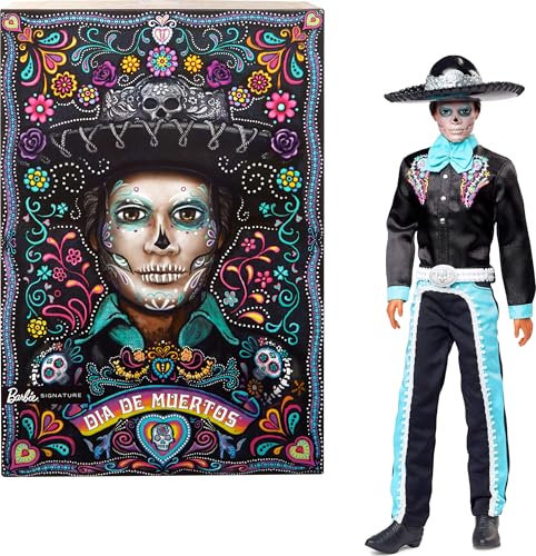 Barbie Día de Muertos 2024 Poupée Signature Ken à Collectionner en Costume Noir avec Touches Bleu Ciel, Chapeau et Ceinture, HRM73