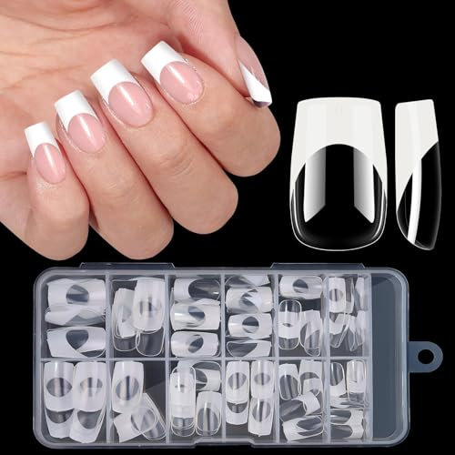 French Gel Nail Tips, 120pcs Short Coffin Press on Soft Gel Fake Nails, 3 in 1 X-coat Pre-Applied Tip Primer & Base Coat, 12 Sizes for DIY Nail Extension, No Filing Required(HJ-NT088-White)