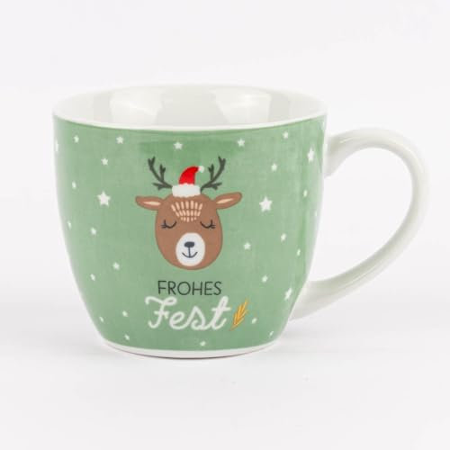 Maxi Tasse aus Porzellan Frohes Fest Sterne Rentier grün weiß braun rot gold 400ml von La Vida