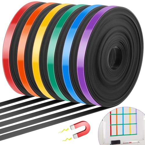 Saypacck Magnetband, 6 Rollen, farbige dünne Streifen, 1 cm x 10 m, magnetisches Whiteboard-Grafikband, Markierungslinie, Magnetband, Regenbogenfarben, Magnetband für Klassenzimmer, Büro, Kunst