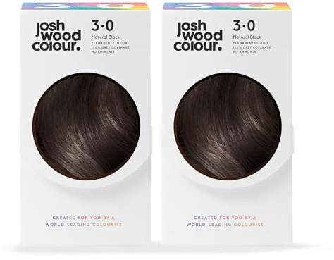 Josh Wood Permanent Hair Dye, 3.0 Natural Black, Ammonia-Free, 296ml 2-Pack | 100% grey coverage, vegan formula, shine complex for glossy hair, salon-created colour, easy root-to-tip application