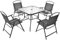 COSTWAY Conjunto Mesa y Sillas Jardin, 1 Mesa on Tapa de Cristal Templado, 4 Sillas Plegables, Orificio para Sombrilla, Juego de Comedor 5 Piezas Jardin Patio Terraza Piscina